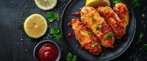 Fried Chicken With Ketchup and Lemon on a Plate photo