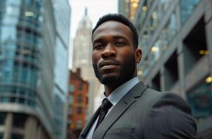 Black Man in Suit Standing in Front of City photo