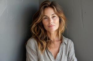 Woman in Gray Shirt Leaning Against Wall photo