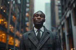 Black Man in Suit Standing in Front of City photo