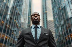 Black Man in Suit Standing in Front of City photo