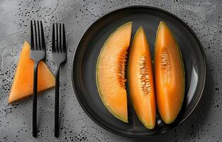 rebanado melón en un negro plato con un tenedor foto