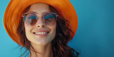 joven mujer en Gafas de sol y Paja sombrero foto