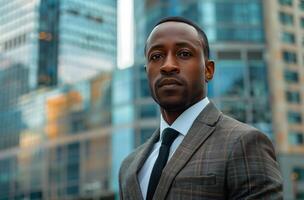 Black Man in Suit Standing in Front of City photo