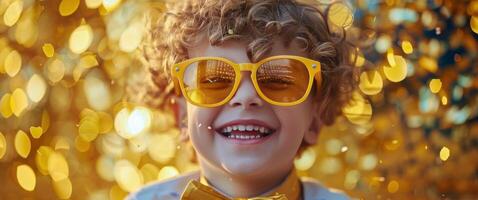 Young Boy Wearing Yellow Sunglasses in Front of Confetti photo