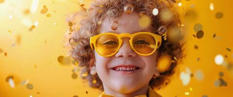 Young Boy Wearing Yellow Sunglasses in Front of Confetti photo