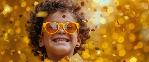 Young Boy Wearing Yellow Sunglasses in Front of Confetti photo