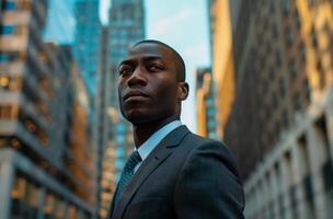 Black Man in Suit Standing in Front of City photo