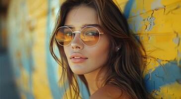 Woman in Sunglasses Leaning Against Yellow Wall photo