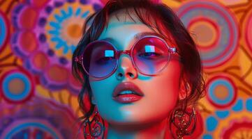 Woman Wearing Colorful Sunglasses Against Colorful Background photo