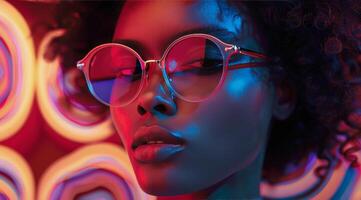 Woman Wearing Colorful Sunglasses Against Colorful Background photo