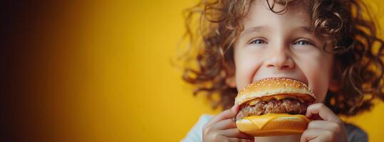 pequeño niña comiendo hamburguesa en amarillo antecedentes foto