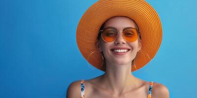joven mujer en naranja sombrero y Gafas de sol foto