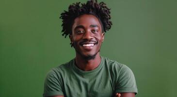 sonriente negro hombre con rastas en verde antecedentes foto