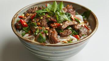 Vietnamese Beef Noodle Soup at a Restaurant photo