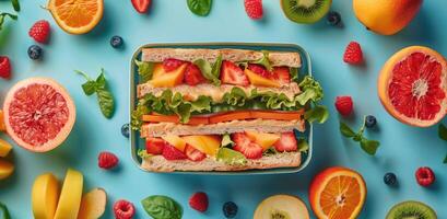 Sandwich With Fruit and Vegetables on Blue Background photo