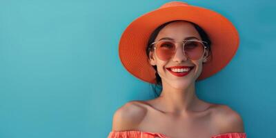 joven mujer en Gafas de sol y Paja sombrero foto