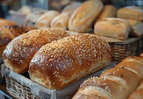 Display of Several Baskets of Bread in a Bakery photo