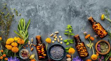 Essential Oils and Flowers on a Grey Background photo