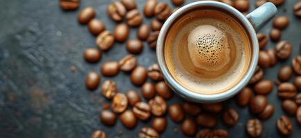 A Cup of Coffee Surrounded by Coffee Beans photo