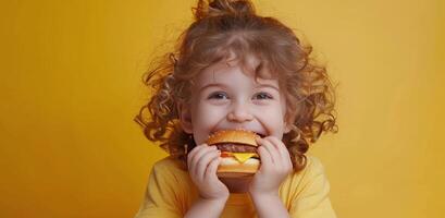 Little Girl Eating Hamburger on Yellow Background photo