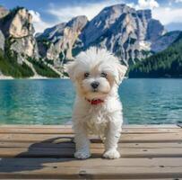 blanco perro en pie en muelle por lago foto