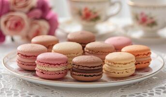 Colorful Macaroons on a Plate With Flowers photo