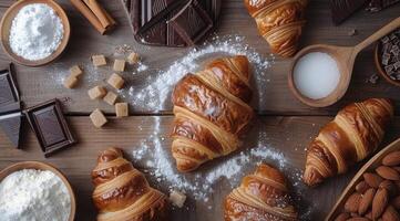Croissants, Chocolate, Almonds, and Ingredients on Wooden Table photo