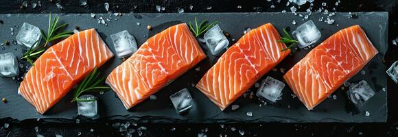 Sliced Salmon and Ice Cubes on Black Background photo