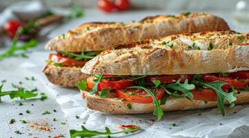 Two Sandwiches With Tomatoes and Arugula photo