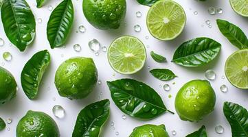 Bunch of Limes and Leaves on White Background photo