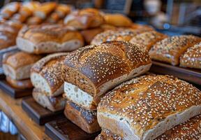 Assorted Breads Displayed in Bakery photo