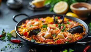 paella con camarón y vegetales en un pan foto