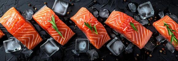 Sliced Salmon and Ice Cubes on Black Background photo