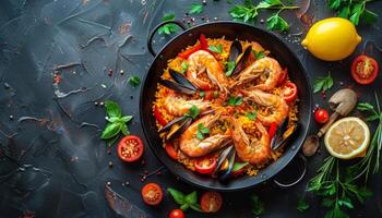 Paella With Shrimp and Vegetables in a Pan photo