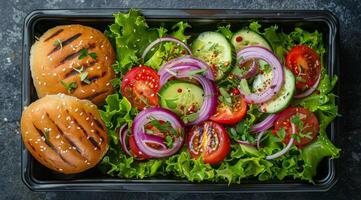 Burger and Salad in Black Container on Dark Background photo