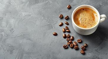 A Cup of Coffee Surrounded by Coffee Beans photo