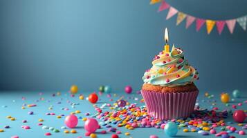 Cupcake With Candle on Blue Background photo