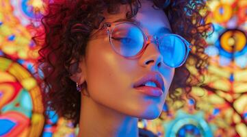 Woman Wearing Glasses in Front of Stained Glass Wall photo