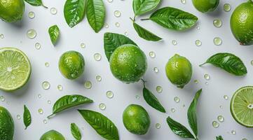 Bunch of Limes and Leaves on White Background photo