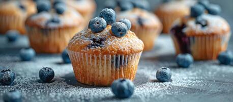 Blueberry Muffins With Powdered Sugar on a Grey Background photo