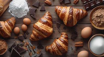 Croissants, Chocolate, Almonds, and Ingredients on Wooden Table photo