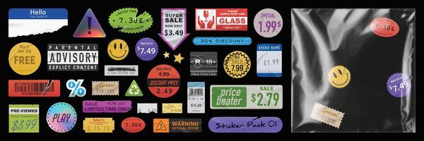 trendy stickersTrendy sticker pack with vinyl plastic wrap overlay. sale and price vintage stickers. Torn retro labels and badges. Distressed elements. vector