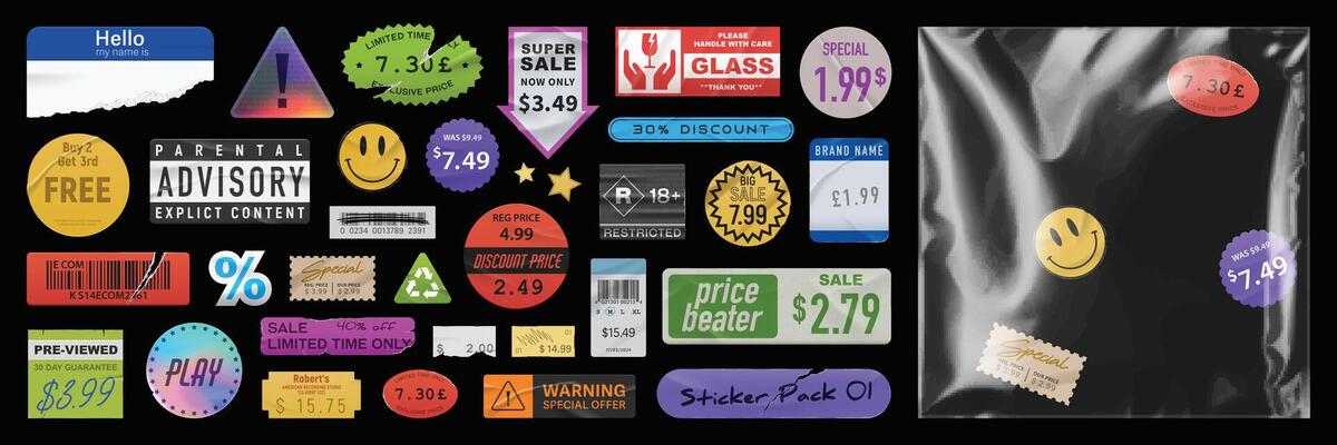 trendy stickersTrendy sticker pack with vinyl plastic wrap overlay. sale and price vintage stickers. Torn retro labels and badges. Distressed elements.