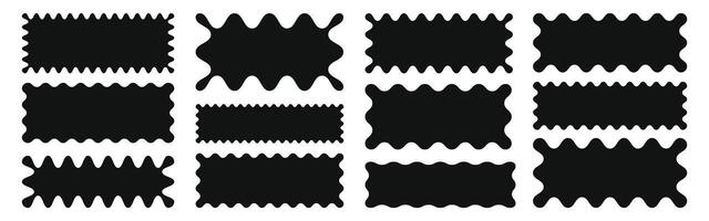 Rectangle shapes with zig zag wavy edges. Squiggle frames for labels, banners, tags, stamps. Scallop figures vector