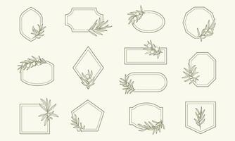 Frames set with olive branches in minimal linear style. leaves and olive fruits . Logos template with olive plants. vector