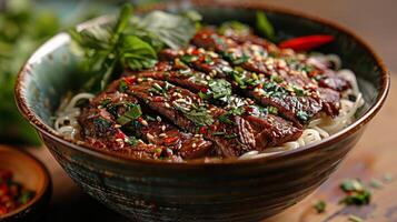 tailandés carne de vaca fideos cuenco siendo preparado, exhibiendo el ingredientes siendo cocido foto