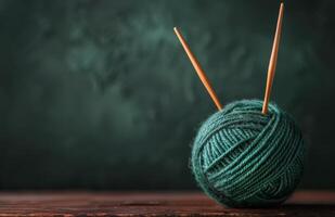 Green Yarn Ball and Knitting Needles on Wooden Table photo