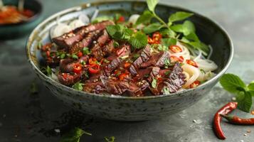 Thai beef noodle bowl being prepared, showcasing the ingredients being cooked photo