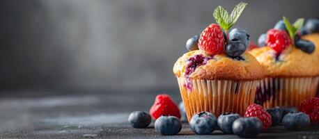 Blueberry Muffins on Grey Background photo